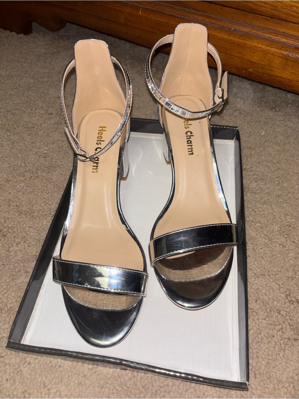 Silver Ankle-Strap Block Heel Sandals